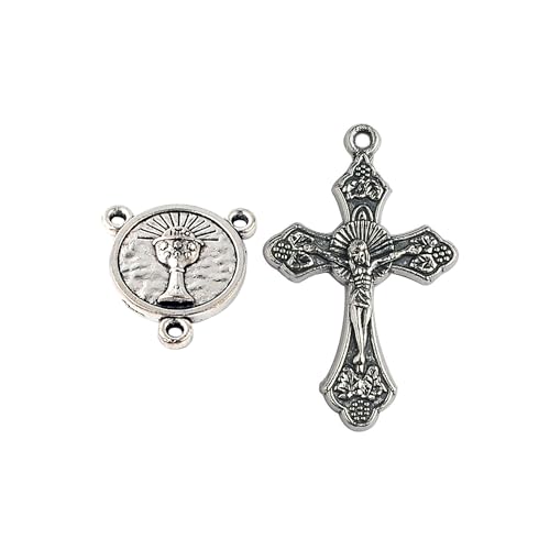 Car Rosary from The Holy Land of Bethlehem - 7” First Communion Rosary with Crucifix & Chalice Medal, Olive Wood Catholic Pocket Rosary with Wooden Rosary Beads & Lobster Clasp - color: First Communion - Medal