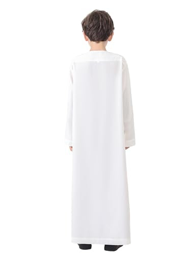 OBEEII Boy's Muslim Thobe Arab Long Sleeve Abaya Kaftan Robe Eid Ramadan Islamic Middle East Dubai Prayer Dress with Pockets - color: White, size: 7-8 Years