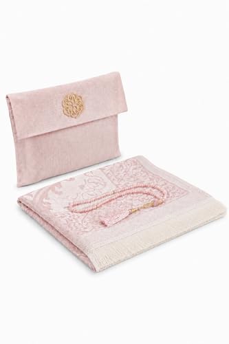 ihvan online Muslim Prayer Rug with 99 Beads Tasbih & Travel Bag, Soft Taffeta Sajadah, Lightweight & Foldable Janamaz, Portable Prayer Mat, Islamic Gift for Eid, Ramadan, Hajj & Umrah, Dusty Pink - color: Dusty Pink