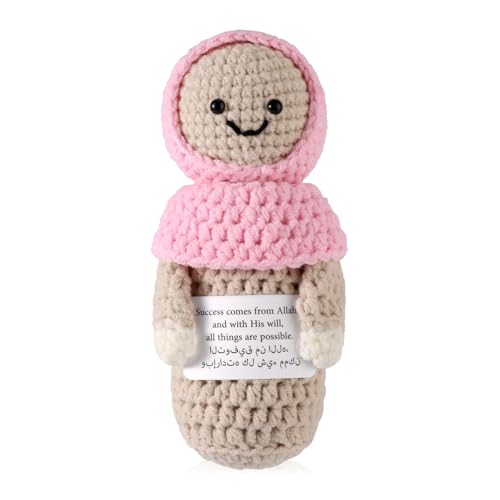 Positive Muslim Girl Crochet, 5.5 Inch Emotional Knitted Support Hijab Doll Toy with Inspirational Card Home Office Desk Decor Birthday Ramadan Gifts for Women Men Friends
