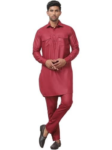 Maple Clothing Punjabi Kurta Pajama Set Pathani Mens Cotton Indian Clothes Bollywood Outfit - color: Maroon, size: Small
