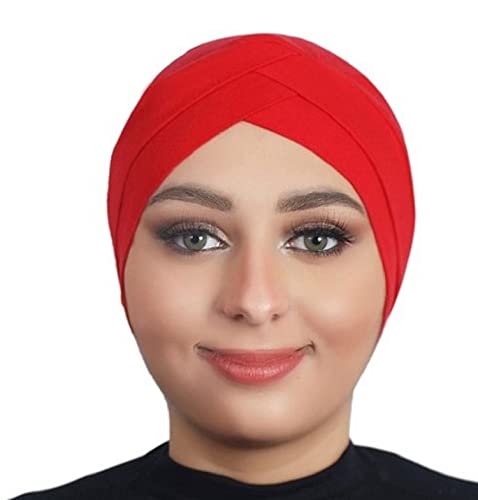 Solid Color Full Cover Inner Hijab Caps Muslim Forehead Cross Turban Stretch Hijab for Women Head Scarf Under Hijab - color: Red
