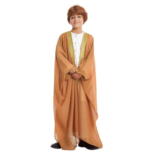 IWEMEK Kids Abaya Arabic Thobe for Boys Muslim Robes Islamic Prayer Clothes Embroidered Chiffon Kaftan Cardigan Dubai Thobe - color: Camel, size: 11-12 Years