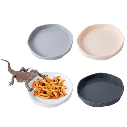 4 Pack Small Reptile Food Dish Bowl, Plastic Worm Water Dish Plate | Reptile Food Bowls for Lizard Gecko Bearded Dragon Chameleon 4" W x 4" D x 0.5" H, White and Grey - color: White and Grey
