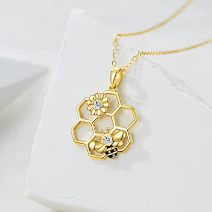 KECHO Gold Bee Necklace Gifts for Mom Women 14k Yellow Gold Honeycomb Honey Bee Pendant Necklaces Love Heart Jewelry Gifts for Women Her Wife - style: C Style-Bee Necklace