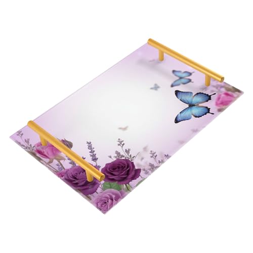 Bathroom Vanity Tray Counter Organizer, Floral with Butterfly Decorative Tray with Handles Countertop Storage for Bathroom Bedroom Kitchen Home Farmhouse - color: Floral With Butterfly