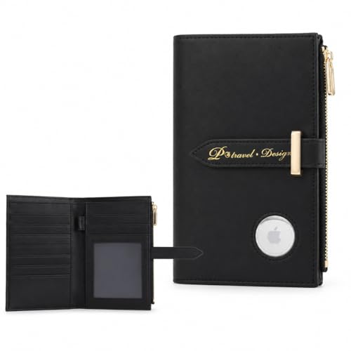 Passport Holder for Travel, Slim RFID Wallet with AirTag Holder, PU Leather - color: BLK PRO