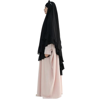 khalat Women's Hijab Chiffon Hijab for Women Muslim 2 Layers Ruffle Lightweight Large Hijab - color: Black