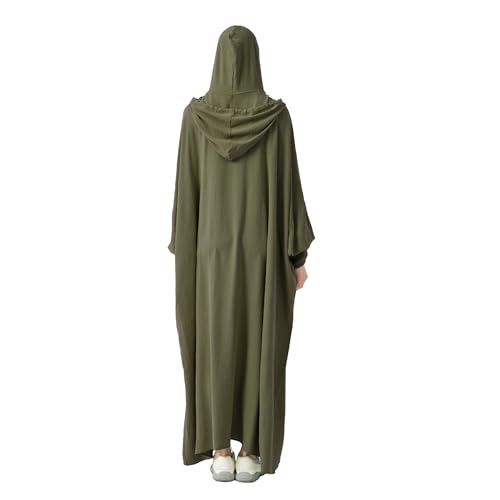 Abaya Muslim Dress Women Prayer Dress Long Sleeve Hooded Loose Maxi Dress Arabian Dubai Islamic Clothes - color: Army Green