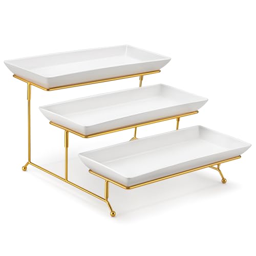 MALACASA 3 Tier Serving Trays for Party, 14 Inch Porcelain White Trays for Serving Food, Dessert Stand with Collapsible Gold Metal Rack - color: White Gold, size: 14 Inch