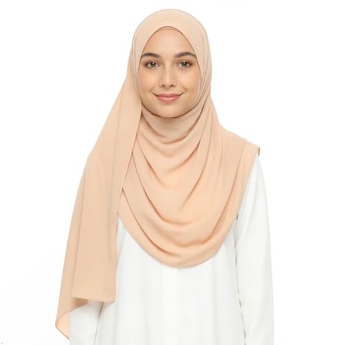 Women's Magnetic Hijab with Stitched Undercap - No Pin Chiffon Prayer Scarf - color: Light Peach