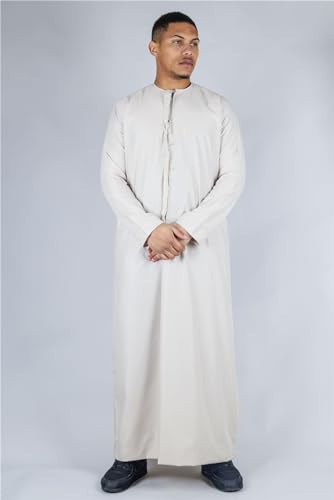 Men's Thobe Emirati Omani Jubba Islamic Clothing Muslim Kaftan Eid Robe Arab String Tassel - color: Beige Regular, size: 52