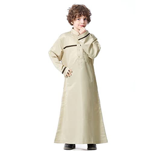 Boy's Muslim Arab Islamic Kaftan Embroidered Robe Solid Color Thobe Islamic Arabic Abaya Ethnic Dress With Pockets - color: Beige Stripe, size: 4-5T