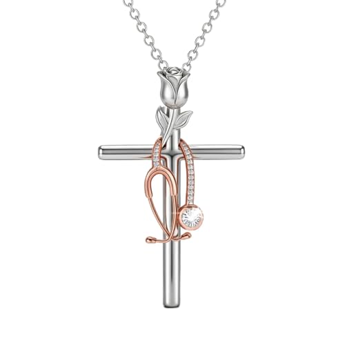 Graduation Gifts for Women 925 Sterling Silver Compass/Graduation/Vet/Cross/Stethoscope Necklace for Women - color: Cross-Stethoscope