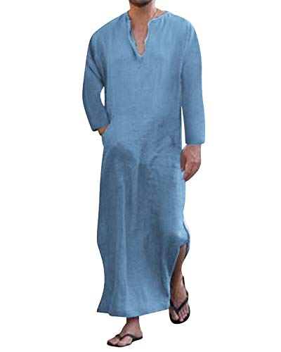 Jacansi Men's 65% Cotton 35% Linen Kaftan Thobe, Long Sleeve Casual Arabic Robe, Loose Long Gown with Pockets - color: Blue #1, size: Medium