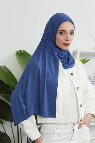 Aisha's Design Jersey Shawl for Women Instant 95% Cotton Modesty Turban Cap Hat Head Wrap Cotton Scarf - color: Indigo