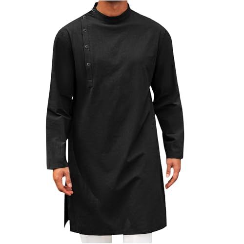 Mens Kaftan Thobe Long Sleeve Stand Collar Side Button Robe Gown Casual Loose Split Cotton Linen Muslim Shirts Top - color: Black, size: X-Large