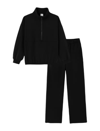 PATPAT Girls Sweatsuit 2 Piece Outfit Half Zip Sweatshirt Wide Leg Pants - color: Black, size: 5-6 Years