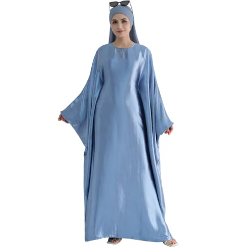 Abaya Muslim Dress Women Satin Prayer Dress Batwing Long Sleeve Middle East Arabian Robe with Hijab - color: Light Blue, size: Size 1