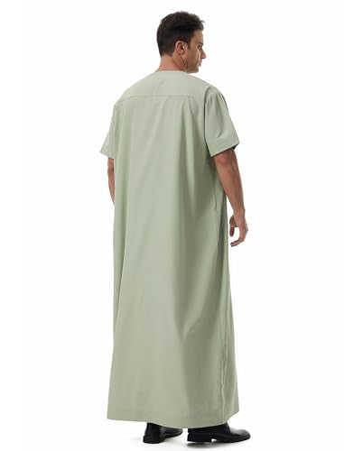 Muslim Men Abaya Short Sleeve Kaftan Islamic Arab Robe Men Dishdasha Zipper Robe Ethnic Clothes Dubai Travel Thobe - color: Green, size: Large