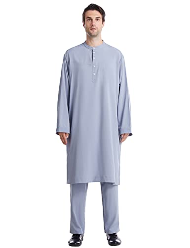 Qianliniuinc Loose Style Middle East Kaftan Dubai Arab Muslim Islamic Men's Clothing Suit Shirt Pants - color: Grey Blue, size: 3X-Large