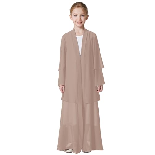 Kids Abaya Dress for Girls Muslim Dress with Hijab Chiffon Layered Open Front Cardigan Ramadan Eid Kaftans Dubai Outfit - color: Light Brown, size: 7-8 Years