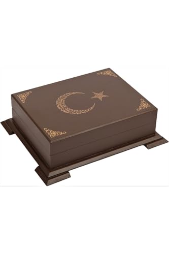 SODEF Quran Book with Wooden Box Hafiz Size 5.5 x 7.9 in Embossed Star and Crescent Design Genuine Leather Cover Sealed by Diyanet and Al-Azhar 613 Pages Gold Edged for Devout Muslims