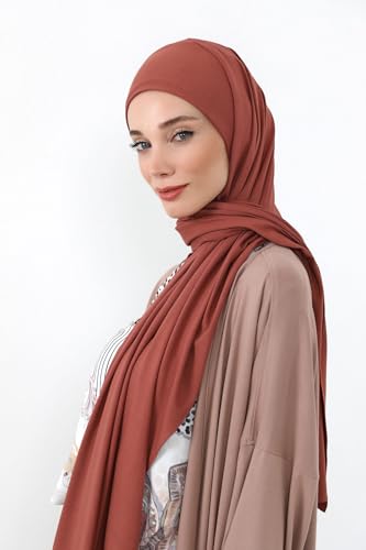 Aisha's Design Neck-Covering Practical Jersey Hijab with Built-In Ninja Bonnet - color: Cinnamon
