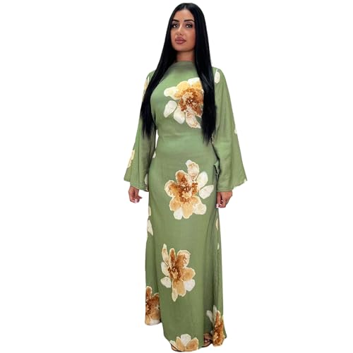 FYMNSI Womens Muslim Dresses Bell Sleeve Floral Butterfly Abaya Modest Dubai Kaftan Islamic Dress Eid Ramadan Prayer Clothes - color: Green, size: Large