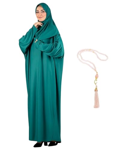 Women Prayer Clothes with Hijab Muslim Outfits Long Robe Abaya Turkish Islamic Dresses Dubai Kaftan with Rosary - color: Green