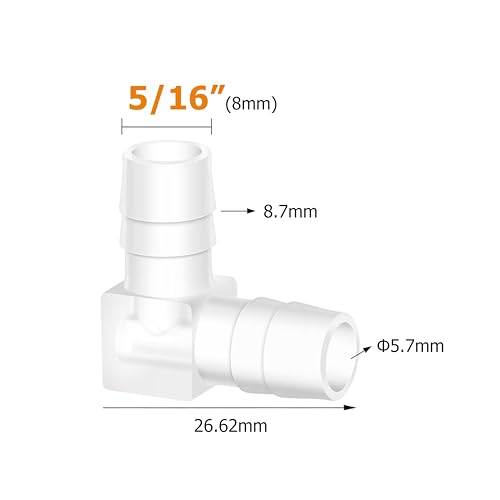 Quickun 5/16" Hose Barb 90 Degree Elbow L Fitting, Plastic 2 Way Equal Barbed Joint Splicer Mender Union Adapter Hose Fitting (Pack of 7) - size: 5/16" (7Pcs)
