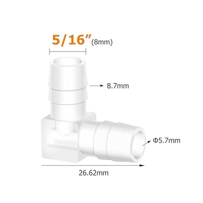 Quickun 5/16" Hose Barb 90 Degree Elbow L Fitting, Plastic 2 Way Equal Barbed Joint Splicer Mender Union Adapter Hose Fitting (Pack of 7) - size: 5/16" (7Pcs)
