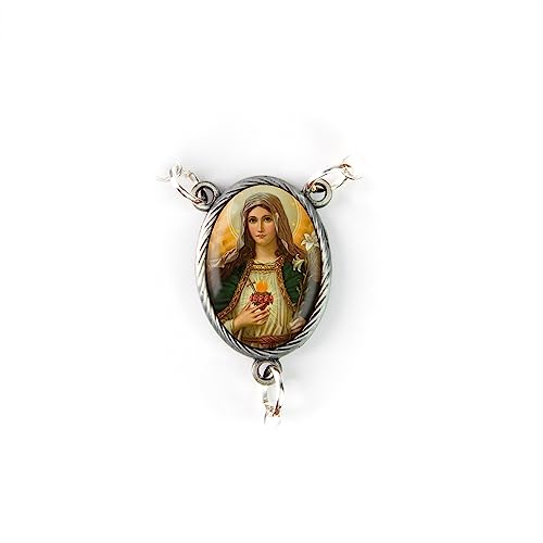 Olive Wood Car Rosary for Rearview Mirror from The Holy Land of Bethlehem - Auto Rosary with Sacred Heart of Mary (White) Medal & Crucifix Cross Charm - 7" Pocket Rosary Beads for Hanging - color: Sacred Heart of Mary (White)