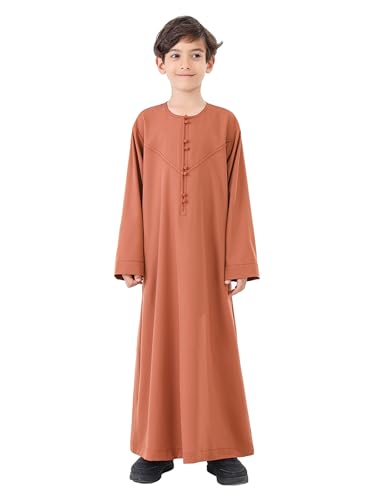 OBEEII Boy's Muslim Thobe Arab Long Sleeve Abaya Kaftan Robe Eid Ramadan Islamic Middle East Dubai Prayer Dress with Pockets - color: Camel, size: 7-8 Years