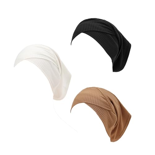 PURFUN 3 Pcs Muslim Inner Hijab Caps Women Solid Color Under Hijab Caps Stretchy Breathable Full Cover Undercap Tube Bonnet - color: Black+white+brown
