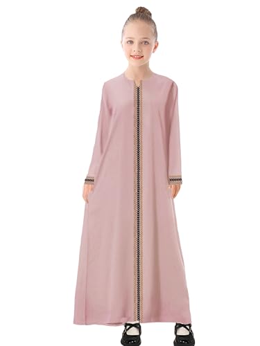 WSPLYSPJY Kids Girls Gold Embroidered Muslim Dress Abaya Long Sleeve Eid Robe Prayer Clothes - color: Light Pink, size: 11-12 Years