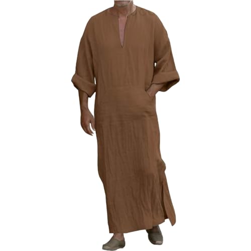 Muslim Robe Kaftan for Men Long Sleeve Solid V Neck Shirts Linen Kaftan Muslim Long Gown Side Split Ethnic Thobe Robe - color: Coffee, size: Large