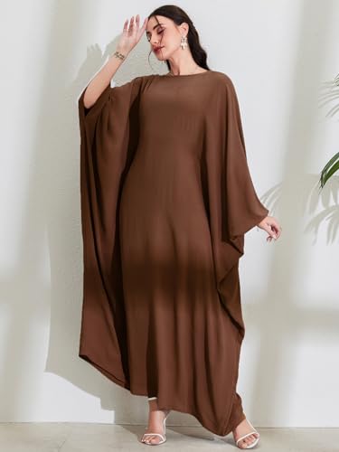 Women's Modest Hidden Adjustable Belt Oversized Abaya Muslim Dress Prayer Robes Kaftans - color: Coffee
