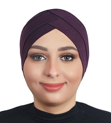 Solid Color Full Cover Inner Hijab Caps Muslim Forehead Cross Turban Stretch Hijab for Women Head Scarf Under Hijab - color: Purple
