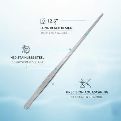Aquarium Maintenance Tool Set - 430 Stainless Steel Long Reach Scissors, Tweezers & Sand Shovel for Fish Tanks - size: 18.9 x 0.98 x 0.31 in
