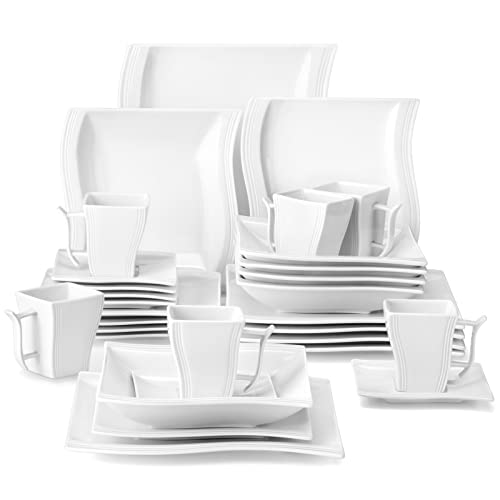 MALACASA Ivory White Dinnerware Sets, 30-Piece Porcelain Plates and Bowls Sets, Modern Dish Set for 6, Square Plates Dinnerware Set Kitchen Dishware Sets, Microwave and Dishwasher Safe, Series Flora - color: Ivory White, size: 30 Piece(Service for 6)