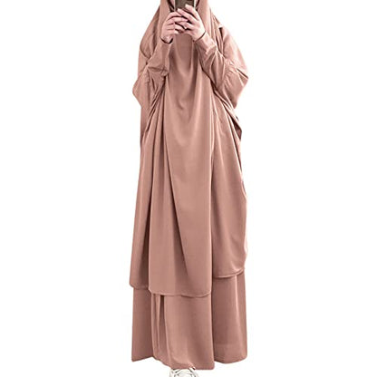 Prayer Clothes for Muslim Women Islamic Abaya Suit Maxi Skirt + Khimar Hijab 2pcss Burka Jilbab Kaftan - color: Khaki