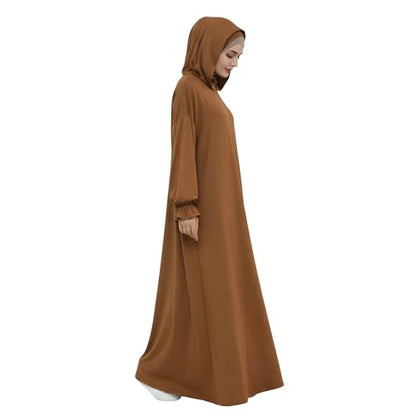 Abaya Muslim Women Hooded Dress Loose Sleeve Loose Maxi Modest Islamic Clothing Prayer Dress Kaftan - color: Brown