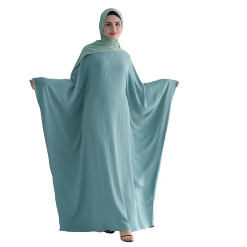 Abaya 무슬림 여성용 드레스 배트윙 슬리브 루즈핏 맥시 겸손한 이슬람 의류 히잡 스카프 포함 기도 드레스 - color: 연한 녹색.