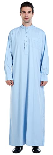 New Solid Color Robe Kaftan for Men, Thobe Long Gown Saudi Arabia Dubai Muslim Clothes Stand Collar Shirt - color: Sky Blue, size: Medium