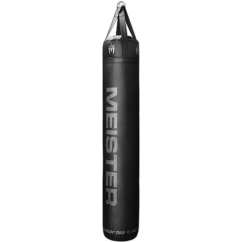 Meister 110lb Filled Muay Thai Heavy Bag for MMA & Kickboxing | Professional 72" x 13" Muay Thai punching bag packed with 100% textiles. Commercial-grade vinyl shell & hanger straps
