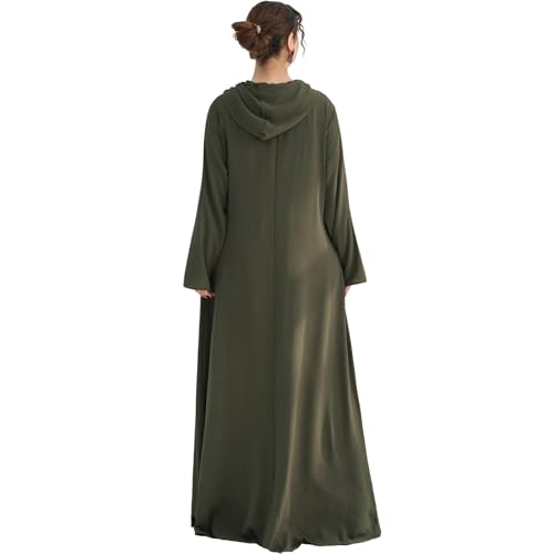 Muslim Abaya Dress for Women Lightweight Hoody Pockets Islamic Prayer Robe - color: Army Green, size: Large