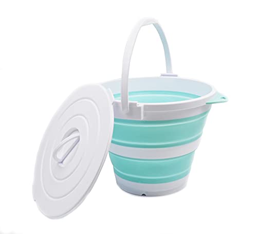 SAMMART 10L (2.64Gallon) Collapsible Fishing Bucket with Locking Lid - Portable Plastic Water Pail - Space Saving Outdoor Waterpot - Trunk Organizer for All Types of Vehicles - color: White/Lake Green