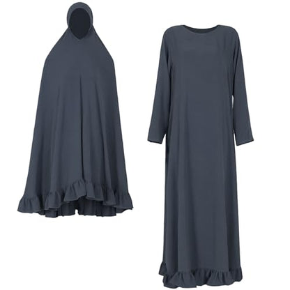 2PCS Abayas for Women Muslim Dress Ruffled Hem Modest Prayer Robe Full Coverage Modest Jilbab Set - color: Dark Gray, size: Medium