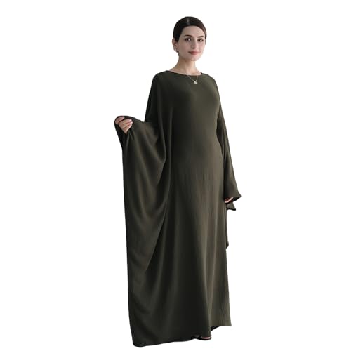 Abaya Muslim Women Dress Batwing Sleeve Loose Maxi Modest Islamic Clothes Prayer Dress with Hijab Scarf - color: Army Green